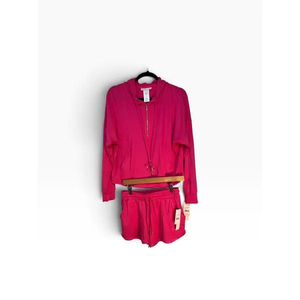 La Blanca Resortwear Pink 2 Piece Set Quarter Zip Crop Hoodie & Shorts LB3VB51 S - Image 9