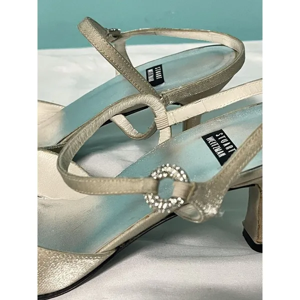 Stuart Weitzman Glistening Pointed Toe Ankle Strap Heels Beige Size 7.5M S-256‎ - Image 7