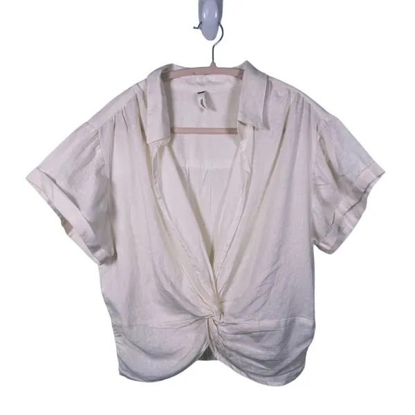 Sybilla Linen Blend Twist Front Crop Top Womens Size L White Minimalist Granola - Image 2