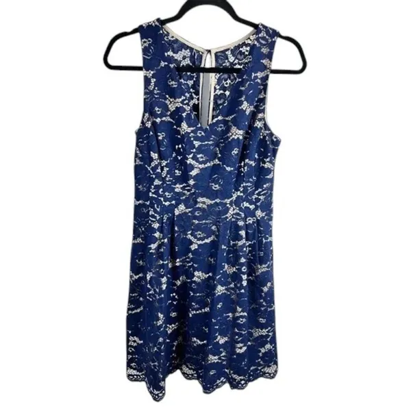 Vince Camuto Navy Blue Floral Lace V Neck Fit & Flare Cocktail Dress Size 4 - Image 14