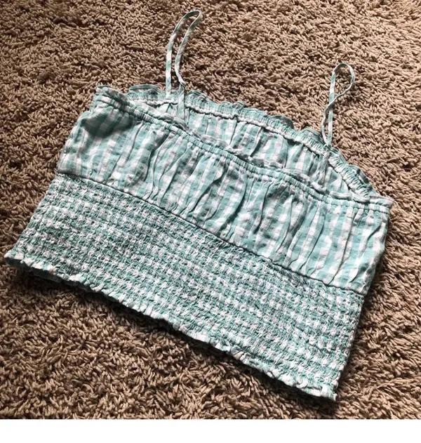 | New Without Tags Blue & White Picnic Plaid Smocked Crop Top - Image 4