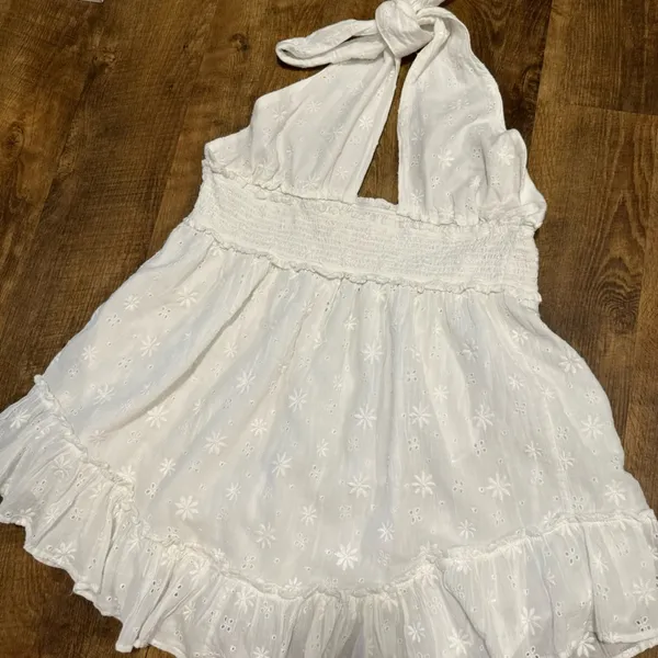 NEW Aerie White Spring Eyelet Fling Mini Dress Sz XL Halter Tie Floral - Image 12