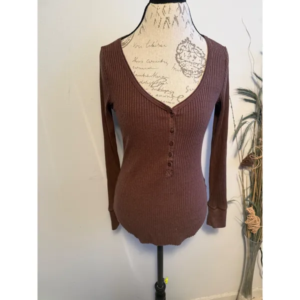 Aerie Womens Ribbed Henley Top Brown Long Sleeve‎ V-Neck Button Slim Fit Medium - Image 2