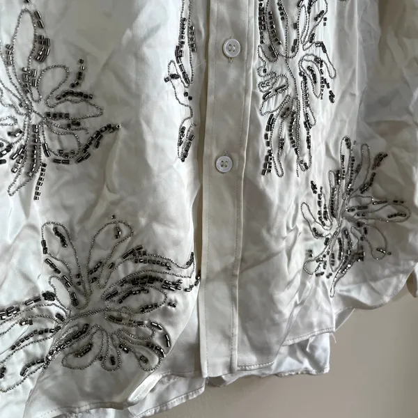 NWT Zara beaded long sleeved button down shirt floral cream satin‎ women's XS - Image 3