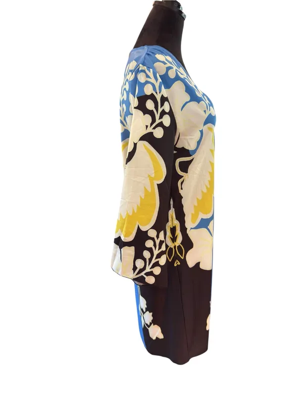 NWT Boutique Retro Graphic Floral Shift Dress 60s Mod V-Neck Long Sleeve Size L - Image 5