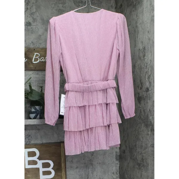 NWT B. Darlin Metallic V-Neck Belted Ruffled Tiered Sheer Sleeved Dress Pink 5/6 - Image 5