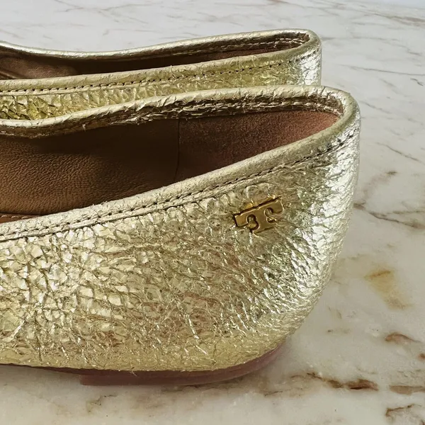 TORY BURCH Laila Metallic Gold Leather Driver Ballerina Flats Bow Accent - US 7 - Image 6