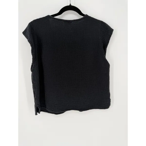 Three Dots Black‎ Double Gauze Cotton Top Flutter Sleeve Boho Coastal Blouse, L - Image 3