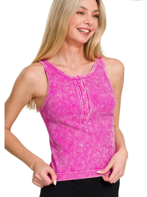 NEW Zenana Hot Pink Washed Seamless Ribbed Button Henley Tank S/M - Image 2