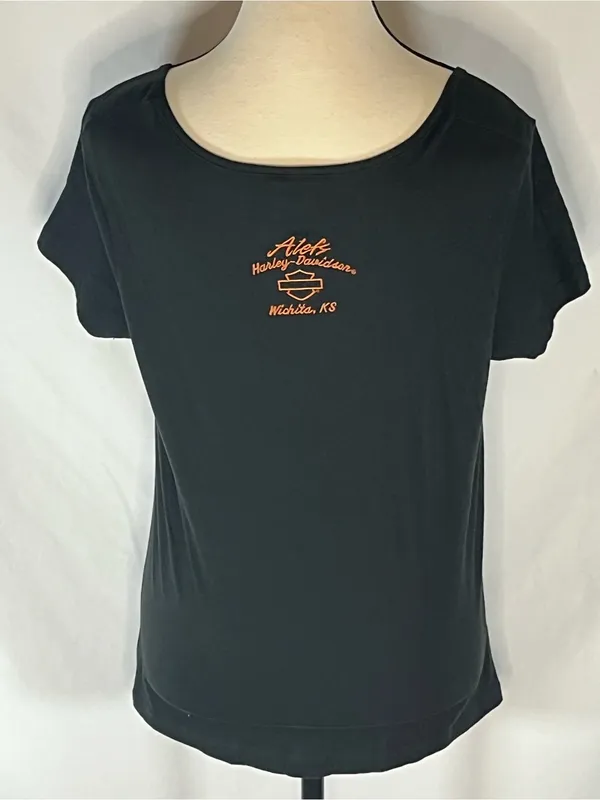 Harley Davidson Large Alefs Wichita KS Ruched Front Scoop Neck Women’s Shirt L - Image 4