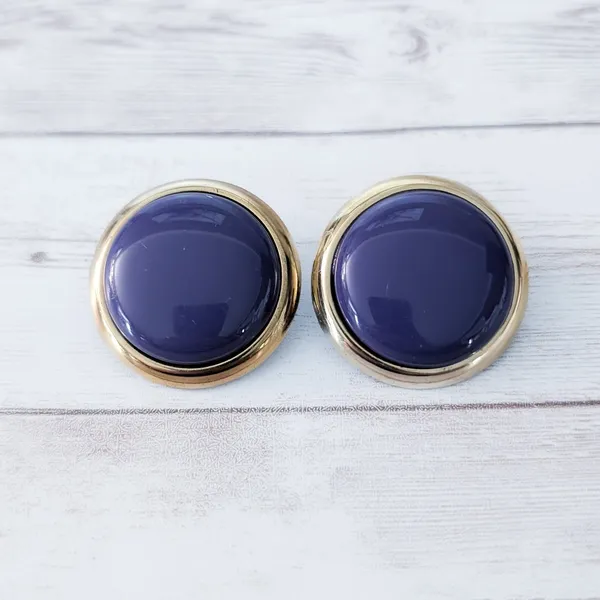 Vintage Clip On Earrings 1 & 3/8" Purple & Gold Tone Large Statement - Image 2