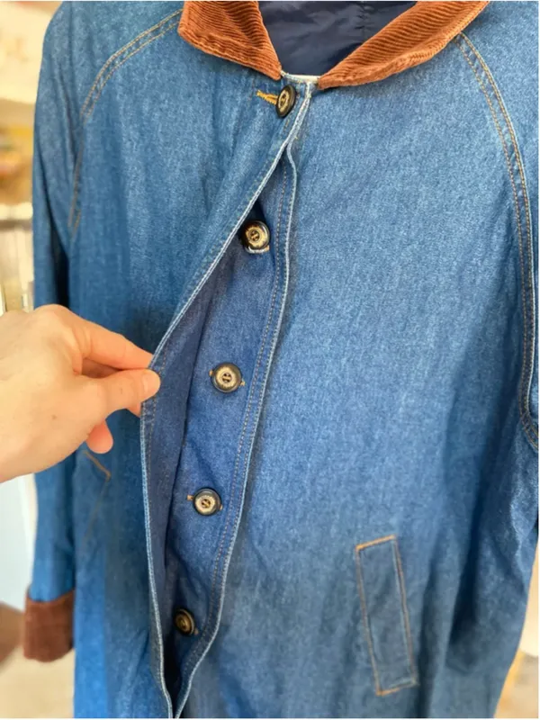 Vintage Denim Duster Coat Corduroy Collar Quiet Luxury Boho‎ Parisian Americana - Image 6