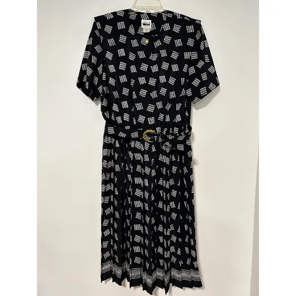 Leslie Fay Vintage Navy Blue Geometric Dot Pleated Midi Dress with Belt Size 14W - Image 8