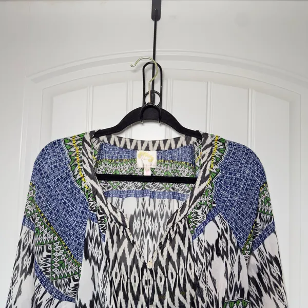 Anthropologie Fig & Flowers XL Boho Ikat Geometric Semi Sheer Tie Bottom Blouse - Image 3