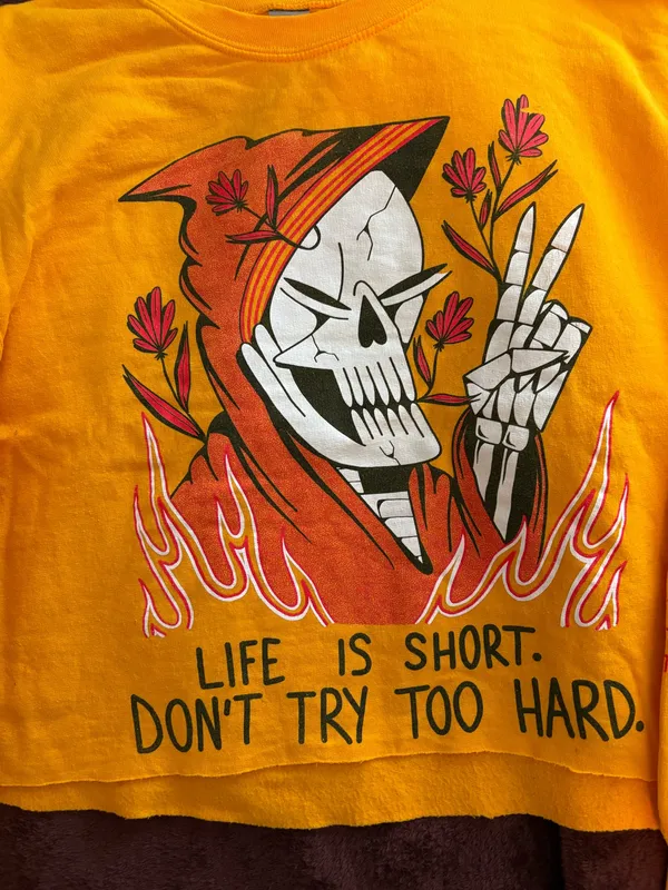 Wicked Clothes Life Is Short Don’t Try Too Hard Skull Cropped Sweater Halloween Spooky - Image 2