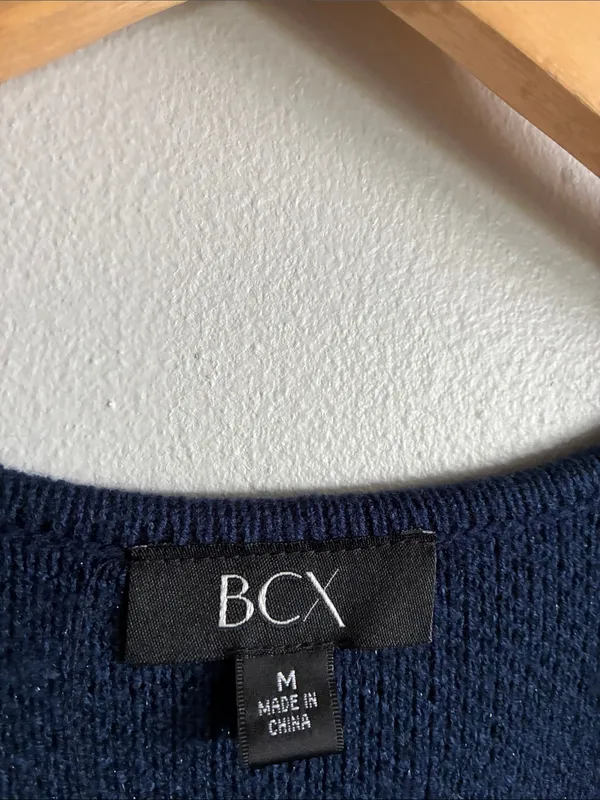BCX Color Block Long Cardigan Sweater Womens M Open Front Navy Brown Boho Fall - Image 2
