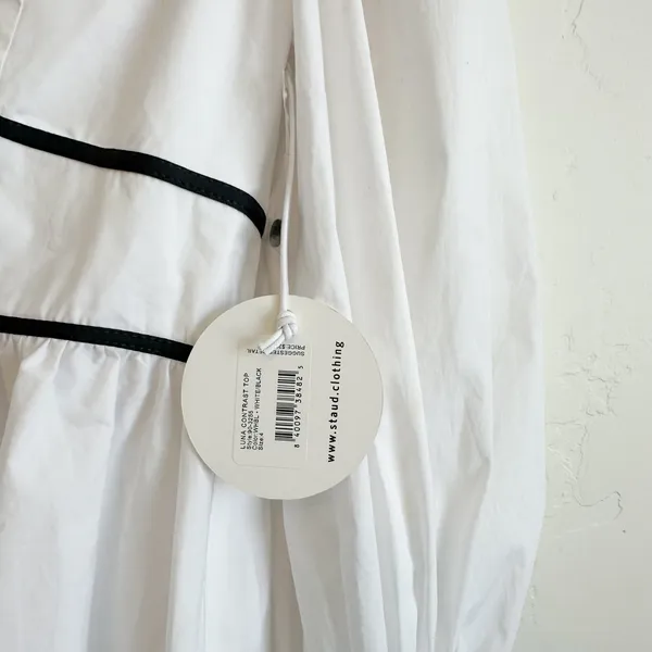 Staud | NWT Luna Contrast Peplum‎ V-Neck Open Back Top in White & Black - Image 5