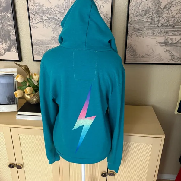 AVIATOR NATION RARE Teal Lightning Bolt Sweatshirt Hoodie ‎ Size Small - Image 4
