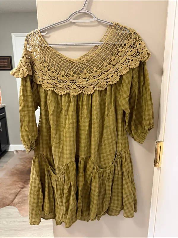 Entro Olive Green Gingham & Crochet Boho Tunic Dress S - Image 2