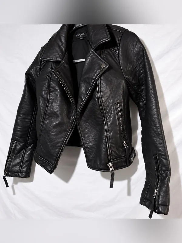 Topshop Black Faux Leather Moto Biker Jacket Y2K Indie Sleaze US 4 - Image 3