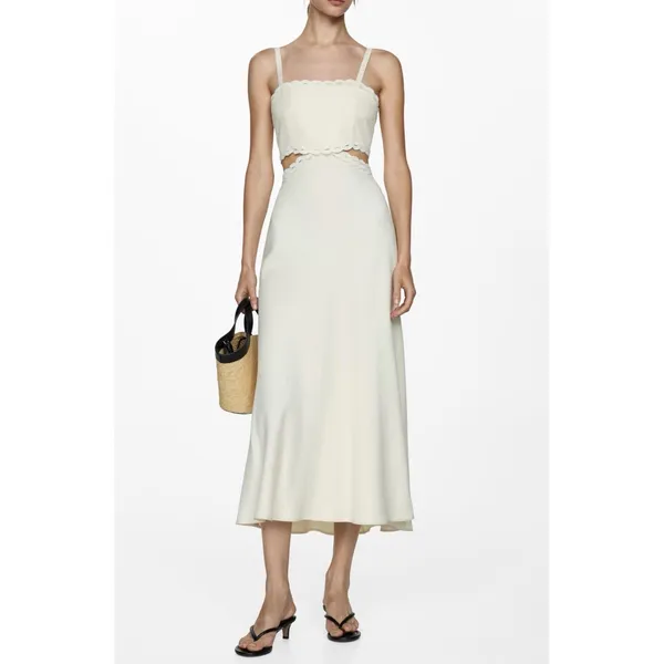 Mango Cutout Maxi Dress Women 2 Cream Scalloped Embroidered Trim Minimalist Boho - Image 4