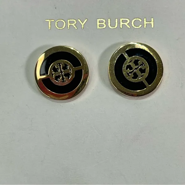 Tory Burch Black & Gold Tone Logo Stud Earrings Butterfly Closure - Image 2
