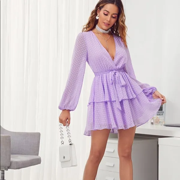 ✨HP✨Plunging Neck Double Layer Hem Swiss Dot Dress✨ - Image 5