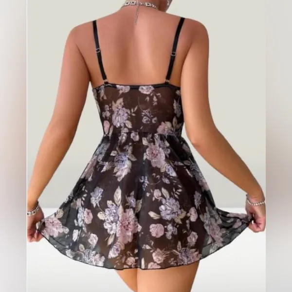 Sheer Floral Chemise Nightgown - Pink Floral on Black XL - Image 2