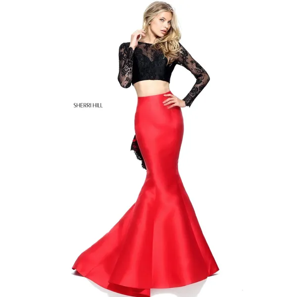 NWT‎ Sherri Hill 51169 Black Red Mermaid Lace Two Piece Gown Size 6 Prom Pageant - Image 3