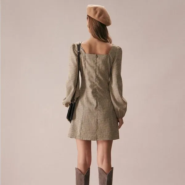 RIHOAS The Khaki Square Neck Plaid Button Mini Dress M 68 - Image 6