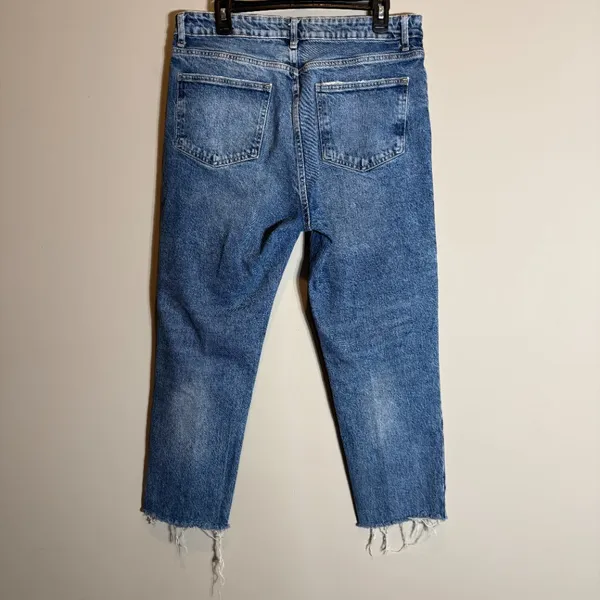 Zara TRF High Rise Distressed Straight Leg Denim Jeans Women's 14 Blue Raw Hem - Image 9