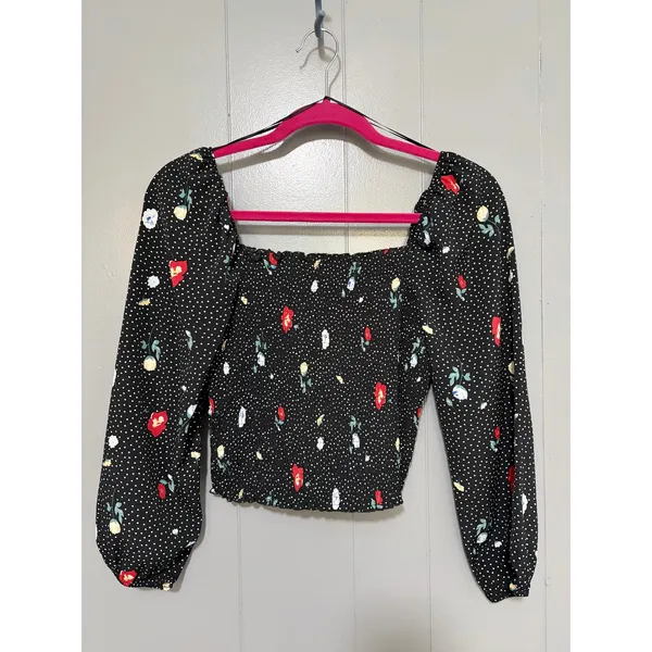 Abercrombie & Fitch Black Floral Polka Dot Smocked Long Sleeve Peasont Top S - Image 5