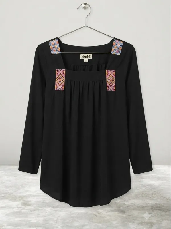 🌸Mudd  Boho Black Embroidered Square Neck 3/4 Sleeve Peasant Top Medium NWT - Image 2