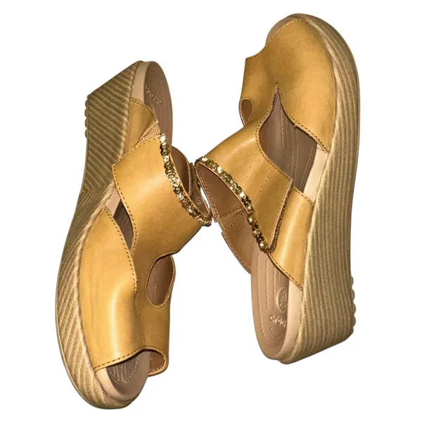 Crocs Gold Wedge Sandals Women's Size 9 Rhinestone Comfort Slides Metallic‎ - Image 5