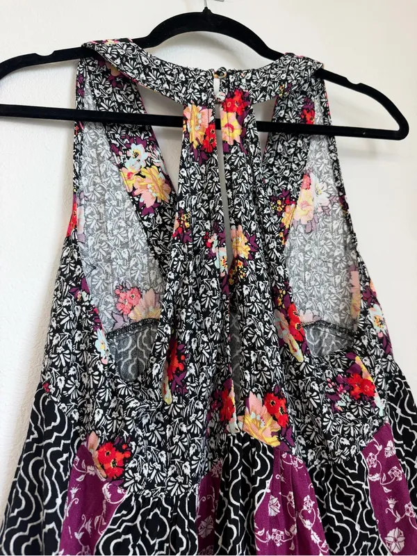 Free People Black and Purple Floral Patchwork V-Neck Tank - Image 3
