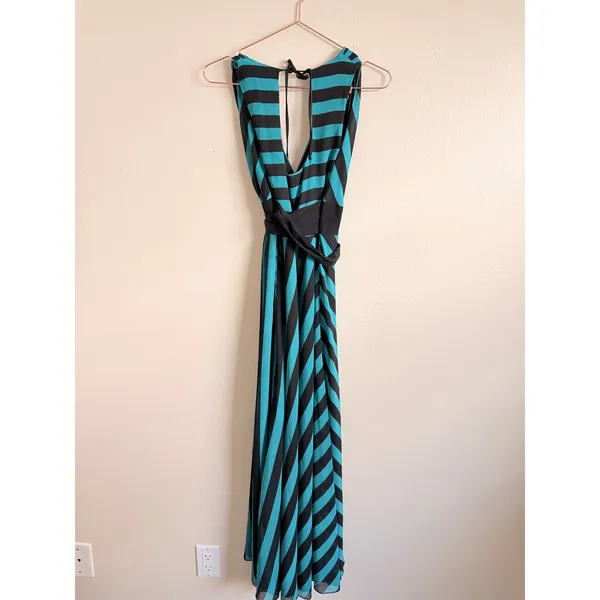 Eva Franco Maxi Dress Womens 6 Teal Black Striped‎ V-Neck Chiffon Gown CF338-H - Image 5