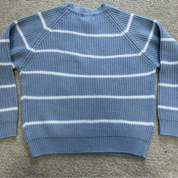 Vintage American Weekend Light Blue With White Stripes Knit Sweater Women Small - Image 5