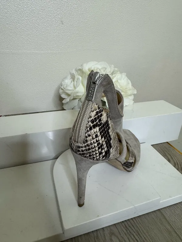 Ivanka Trump Taupe Suede Cutout Stiletto Heels with Snake-Print Trim - Image 3