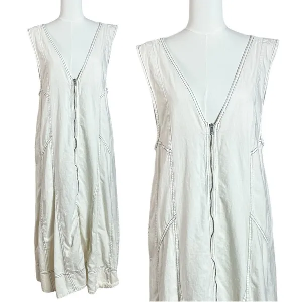 Free People Santino Denim Zip Front Midi Dress in Ecru Medium Minimalist - Image 4