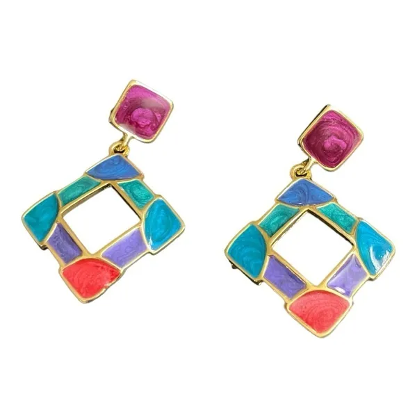 Vibrant Multi Color Resin Gripoix Cabochon Gold Plated Pierced Earrings. - Image 3