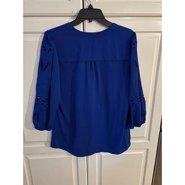 Hawthorn Blue V Neck 3/4 Sleeve Laser‎ Cut Detail Blouse Women Large - Image 7