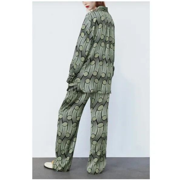 Zara Green Geometric Flowy Satin Cropped Pants Size Large Abstract Funky Boho - Image 14