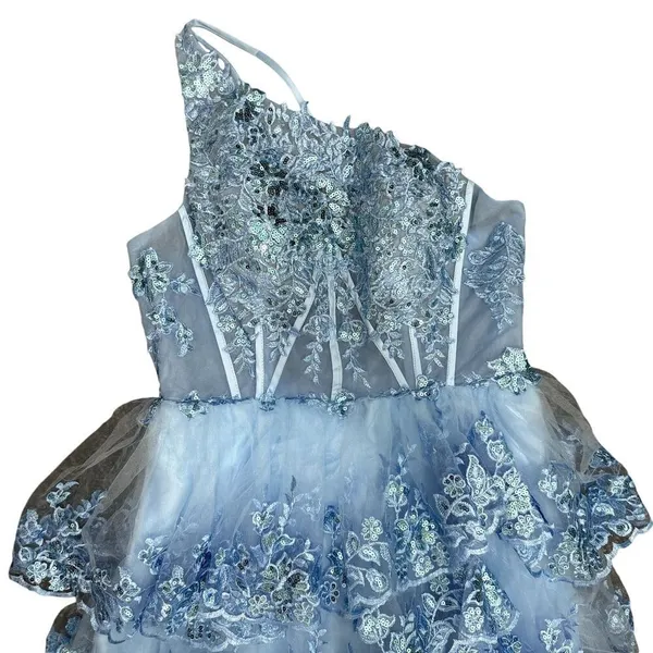 Tiered Asymmetrical Floral Sequin Formal Maxi Dress in Blue, Size 14​​​​ - Image 2