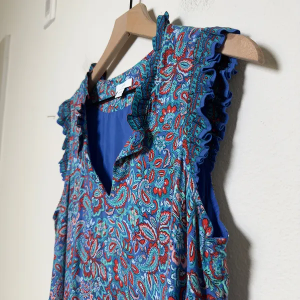 J. Jill Women Boho Maxi Dress Small Blue Paisley‎ Tiered Ruffle Cottage Resort - Image 5