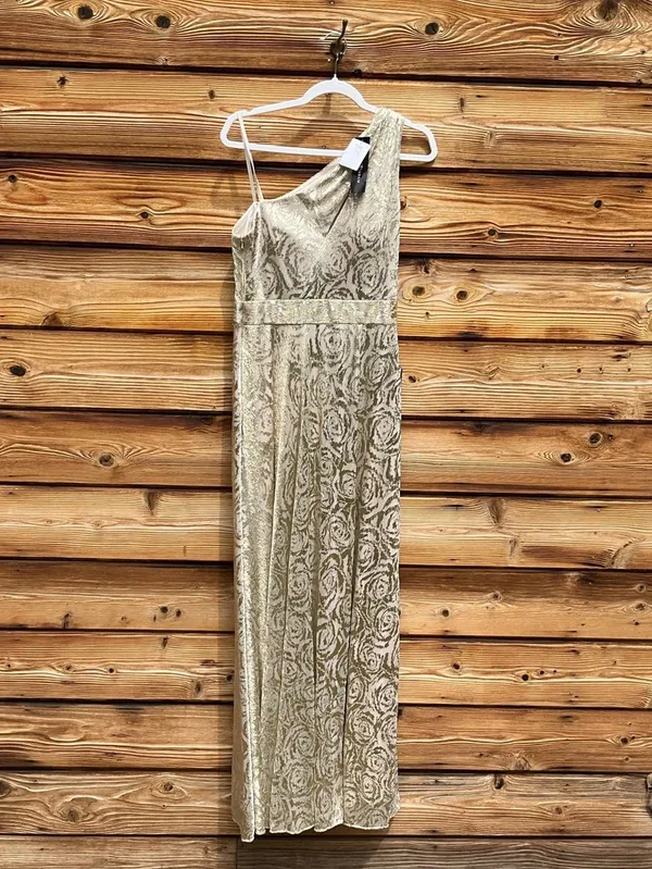 NWT BETSY AND ADAM "MARIAH" Gold FOIL KNIT ONE SHOULDER DRESS - Image 8