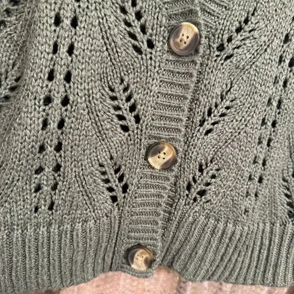 American Eagle Olive Green Pointelle Open Knit Cropped Cardigan XS - Image 4