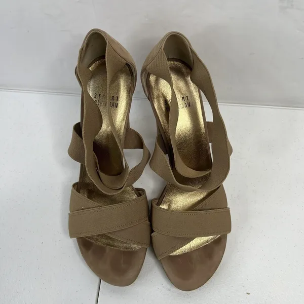Stuart Weitzman Size 38 US 7.5 Heels‎ Elastic Strap Wrap Tan Suede High Chunky - Image 5