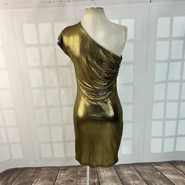 Grace Karin gold one shoulder side ruched cocktail dress size small - Image 4
