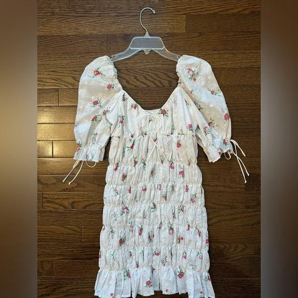 For Love and Lemons White Floral Smocked Mini Dress WORN ONCE - Image 4