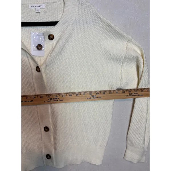 Blu Pepper Cream Waffle Knit Button Front Cardigan Sweater Womens L - Image 9
